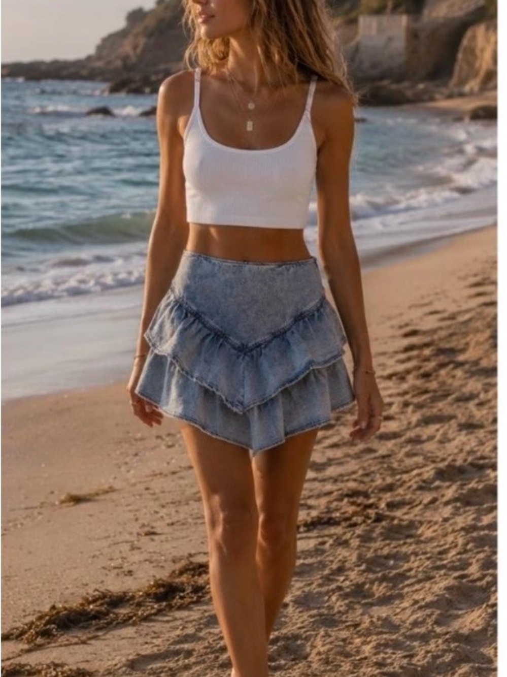 MOTHER Denim Tiered Ruffle Mini Skirt - Light Blue